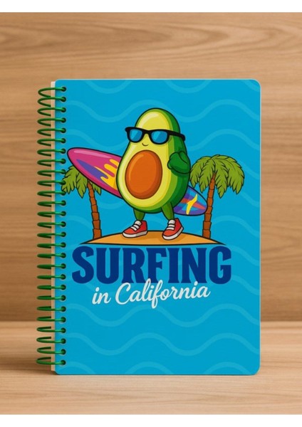 Öğrenci ve Ofis Kullanımı Için Uygun Surfing In California Temalı Spiralli Çizgili Defter 80 Yaprak