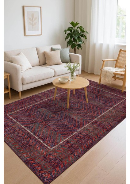 Relic Kırmızı / Lacivert Vintage Dokulu Klasik Desenli Dokuma Tabanlı Şönil Halı Al 494