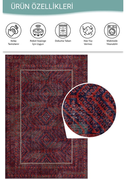 Relic Kırmızı / Lacivert Vintage Dokulu Klasik Desenli Dokuma Tabanlı Şönil Halı Al 494 modelleri