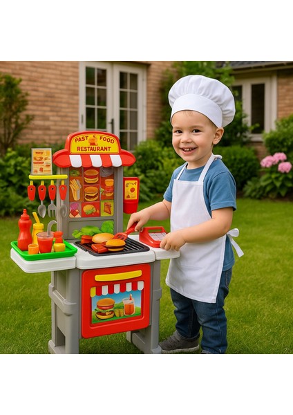 Fast Food Restaurant Oyuncak Standı | 52 Parça Hamburger Yapma Seti – 78 cm