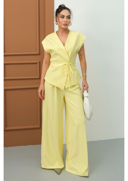 Kadın Ikili Alt Üst Takım Bağcıklı Bol Kesim Dökümlü Yazlık Kısa Kollu Kimono Ceket Palazzo Pantolon