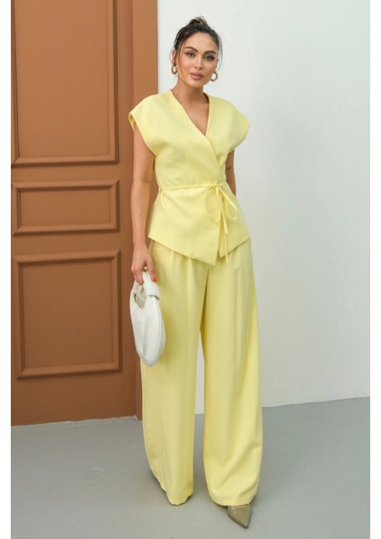 Kadın Ikili Alt Üst Takım Bağcıklı Bol Kesim Dökümlü Yazlık Kısa Kollu Kimono Ceket Palazzo Pantolon fiyatları