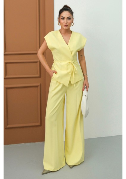 Kadın Ikili Alt Üst Takım Bağcıklı Bol Kesim Dökümlü Yazlık Kısa Kollu Kimono Ceket Palazzo Pantolon modelleri