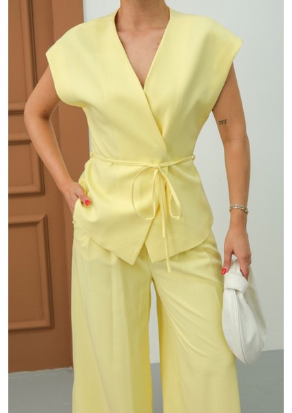 Kadın Ikili Alt Üst Takım Bağcıklı Bol Kesim Dökümlü Yazlık Kısa Kollu Kimono Ceket Palazzo Pantolon