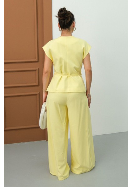 Kadın Ikili Alt Üst Takım Bağcıklı Bol Kesim Dökümlü Yazlık Kısa Kollu Kimono Ceket Palazzo Pantolon