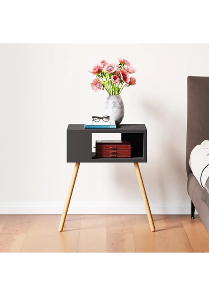 Ahşap Ayaklı Dekoratif Raflı Komodin Km2 Antrasit Gri