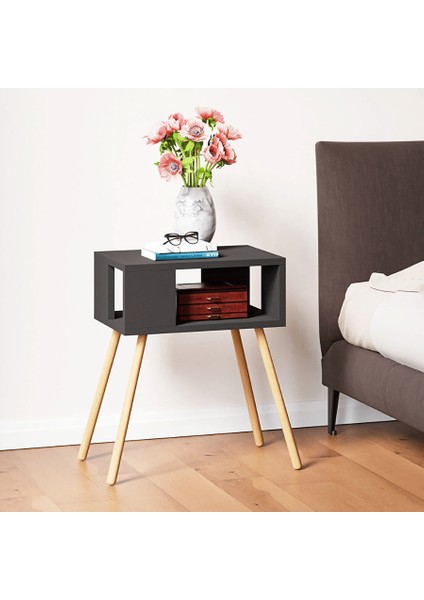 Ahşap Ayaklı Dekoratif Raflı Komodin Km2 Antrasit Gri fiyatları