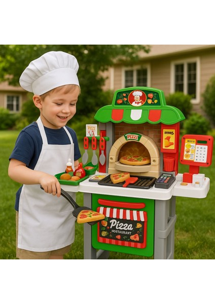 52 Parça Pizza Yapma Standı Oyuncak Seti | Sesli & Işıklı – Kasalı ve Barkod Okuyuculu