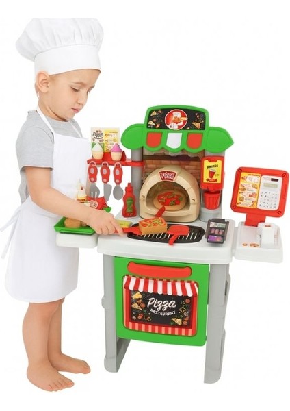 52 Parça Pizza Yapma Standı Oyuncak Seti | Sesli & Işıklı – Kasalı ve Barkod Okuyuculu