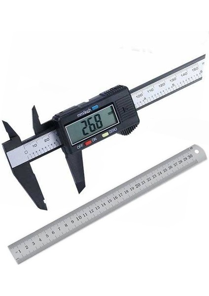Dijital Karbon Fiber Kumpas 150MM (Pil Dahil) + Paslanmaz Çelik Cetvel Çift Taraflı (30CM)