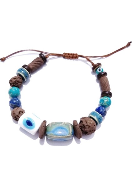 Lapis Lazuli ve Varisit Doğaltaşlı Bodrum Cam Nazar ve Toprak Boncuklu Bileklik