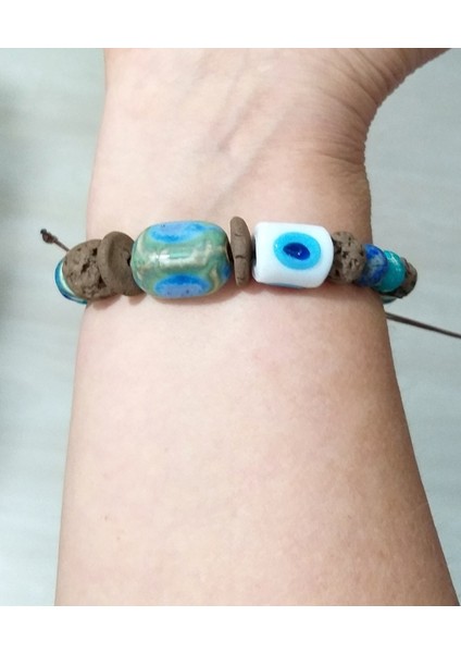 Lapis Lazuli ve Varisit Doğaltaşlı Bodrum Cam Nazar ve Toprak Boncuklu Bileklik