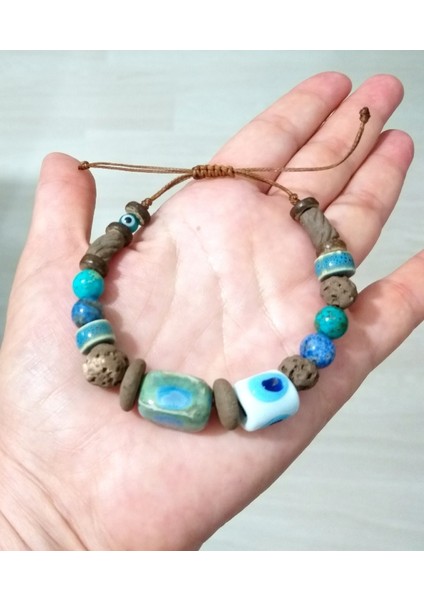 Lapis Lazuli ve Varisit Doğaltaşlı Bodrum Cam Nazar ve Toprak Boncuklu Bileklik