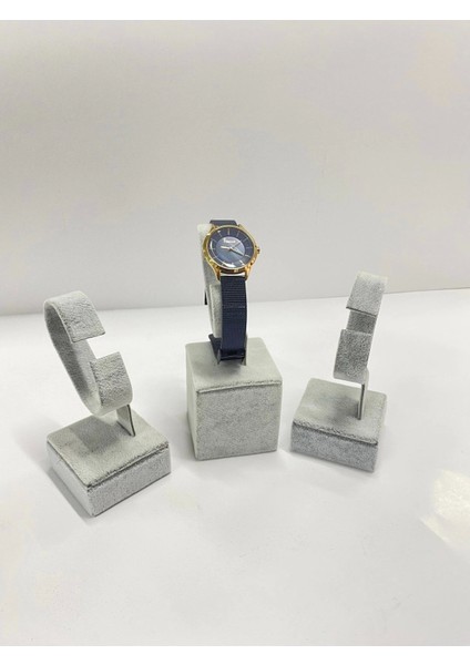 Süet Kaplama Gri Renk 3lü Takım Saat Kelepçe Standı ( Megassdekor )