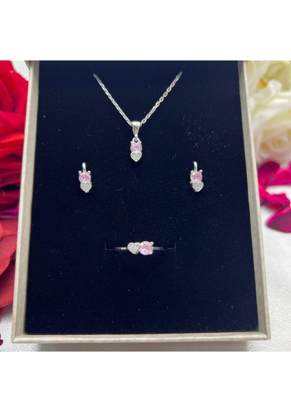 Pembe Kalp ve Tektaş Kadın 3'lü Set 925 Ayar Gümüş Zirkon Rodyumlu Taşlı