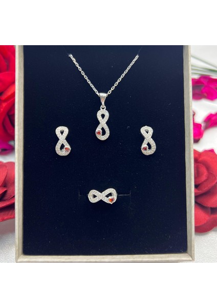Kırmızı Kalpli Sonsuzluk Kadın 3'lü Setii 925 Ayar Gümüş Rodyumlu Zirkon Taşlı