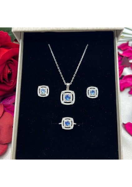 Safir Mavisi Kare Kadın 3'lü Set 925 Ayar Gümüş Rodyumlu Baget ve Zirkon Taşlı
