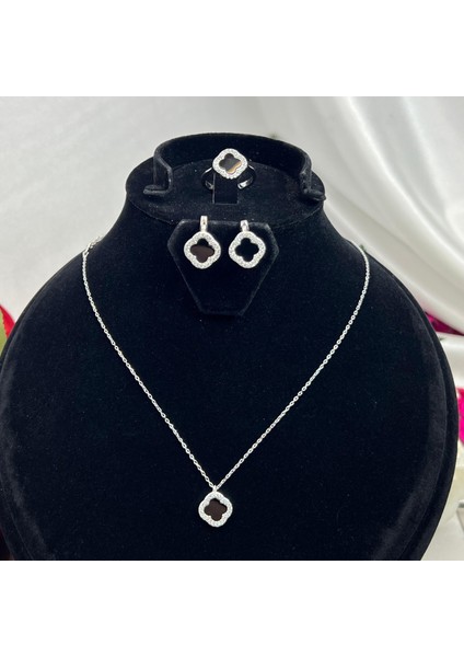 Van Cleef Yonca Siyah Taşlı Kadın 3'lü Seti 925 Ayar Gümüş Radyumlu 8 mm