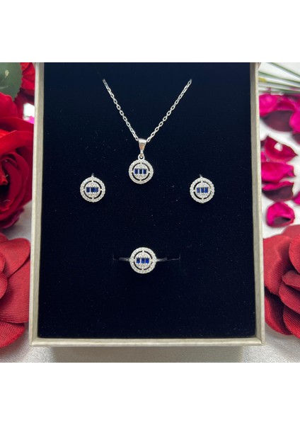 Yuvarlak Model Safir Mavisi Baget Taşlı Kadın 3'lü Set 925 Ayar Gümüş Zirkon Taşlı