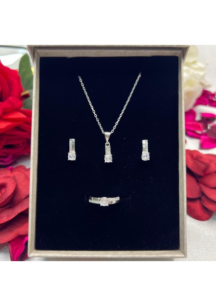 Tektaş Model Kadın 3'lü Set 925 Ayar Gümüş Zirkon Taşl