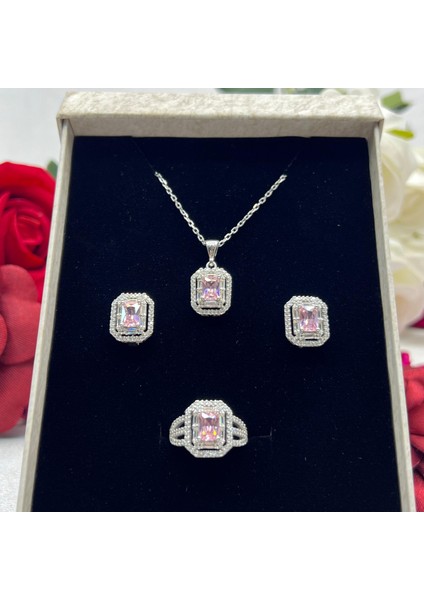 Pembe Baget Kadın 3'lü Takı Seti 925 Ayar Gümüş Zirkon Taşlı
