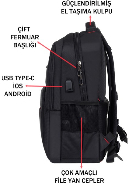 Unisex Siyah Okul Sırt Çantası Orta Boy USB Type-C Laptop Bölmeli Su Geçirmez Kumaş Lise Üniversite modelleri