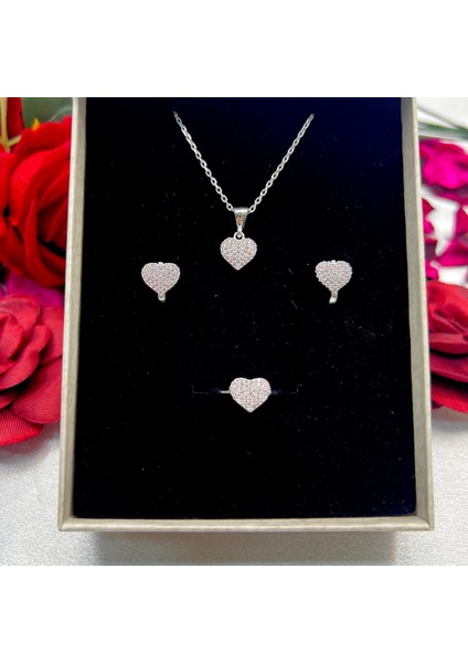 Pembe Zirkon Taşlı Kalp Kadın 3'lü Set 925 Ayar Gümüş Rodyumlu