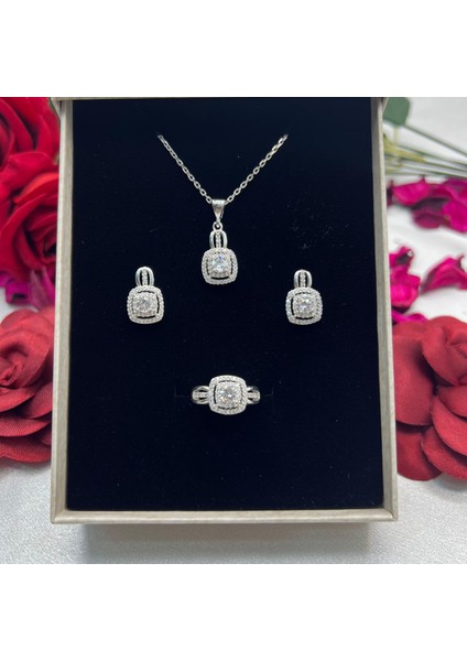 Kare Kadın 3'lü Set 925 Ayar Gümüş Zirkon Taşlı
