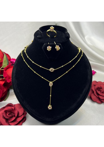 Üç Renkli Dorika Çiçek Model Sallantılı Kadın 4'lü Seti 925 Ayar Gümüş Altın Kaplama