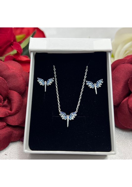 Mavi Melek Kanadı Kadın 2'li Setii 925 Ayar Gümüş Rodyumlu Zirkon Taşlı