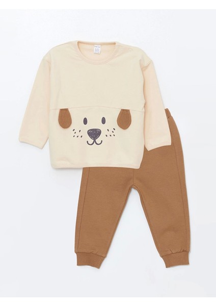 Lcw Baby Bej Bisiklet Yaka Nakışlı Erkek Bebek Sweatshirt ve Eşofman Alt 2'li Takım