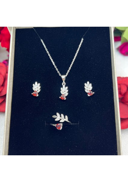 Kırmızı Kalp Taşlı Yaprak Model Kadın 3'lü Set 925 Ayar Gümüş Zirkon Taşlı