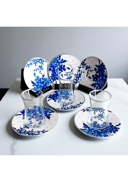 Türk Motifli 6'lı Mavi Porselen Tabaklı Çay Bardağı Takımı - Sudedi Home