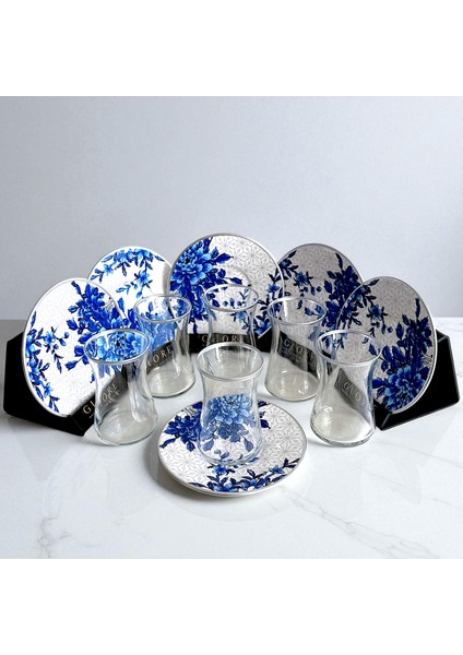 Türk Motifli 6'lı Mavi Porselen Tabaklı Çay Bardağı Takımı - Sudedi Home fiyatları