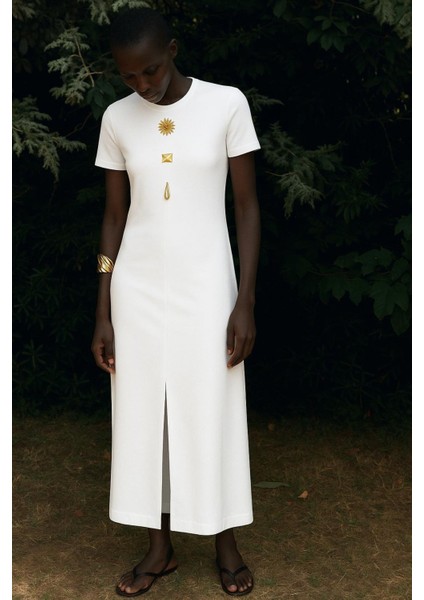 Ottoman Kumaş Kısa Kollu Yırtmaç Detaylı Midi elbise modelleri