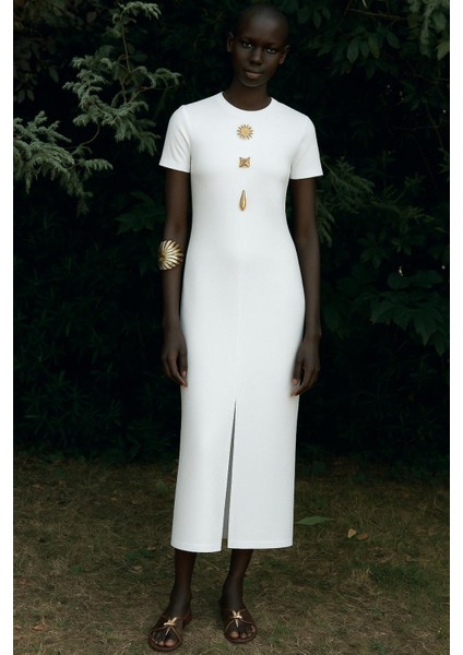 Ottoman Kumaş Kısa Kollu Yırtmaç Detaylı Midi elbise