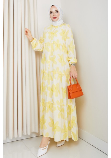 Kadın Büyük Beden Çiçek Desenli Düğmeli Kat Kat Elbise