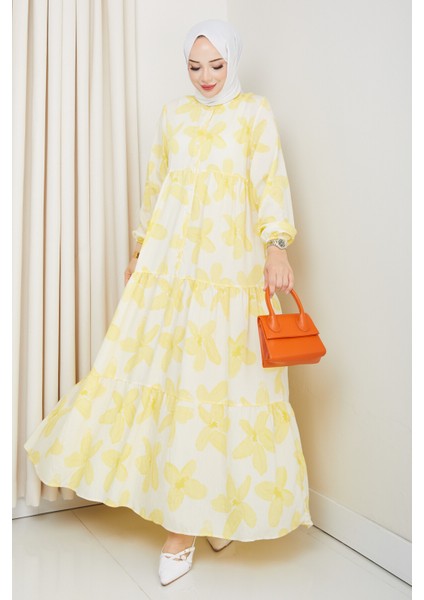 Kadın Büyük Beden Çiçek Desenli Düğmeli Kat Kat Elbise modelleri