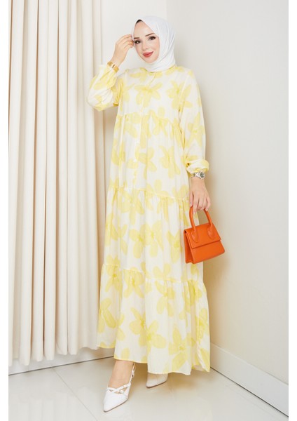 Kadın Büyük Beden Çiçek Desenli Düğmeli Kat Kat Elbise fırsatları