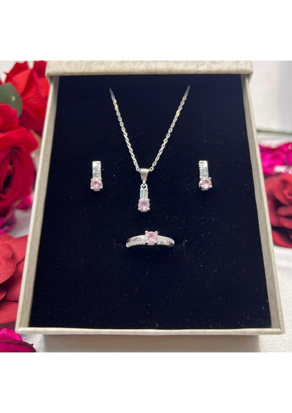 Pembe Tektaş Model Kadın 3'lü Set 925 Ayar Gümüş Zirkon Rodyumlu Taşlı