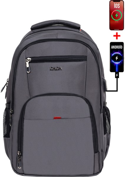 Unisex Gri Okul Sırt Çantası Orta Boy USB Type-C Laptop Bölmeli Su Geçirmez Kumaş Lise Üniversite