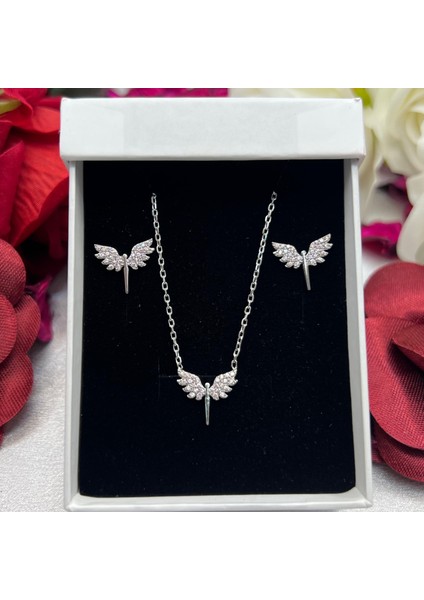 Pembe Melek Kanadı Kadın 2'li Setii 925 Ayar Gümüş Rodyumlu Zirkon Taşlı