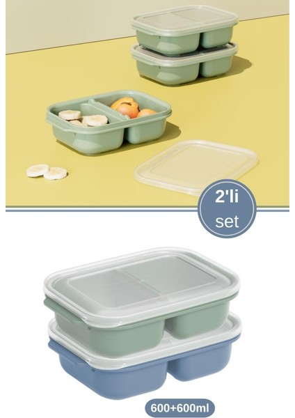 2 Adet Iki Bölmeli Saklama Kabı, Taşınabilir Kahvaltılık Diyet Beslenme Kutusu 2’li Set (600+600ML)