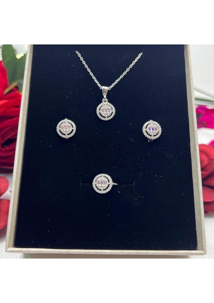 Yuvarlak Pembe Baget Taşlı Kadın 3'lü Set 925 Ayar Gümüş Rodyumlu Zirkon Taşlı