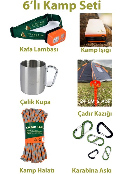 6’lı Kamp Seti-Kafa Lambası, Çadır Işığı, Çelik Kupa, Çadır Kazığı, Kamp Halatı, Karabina Askıları