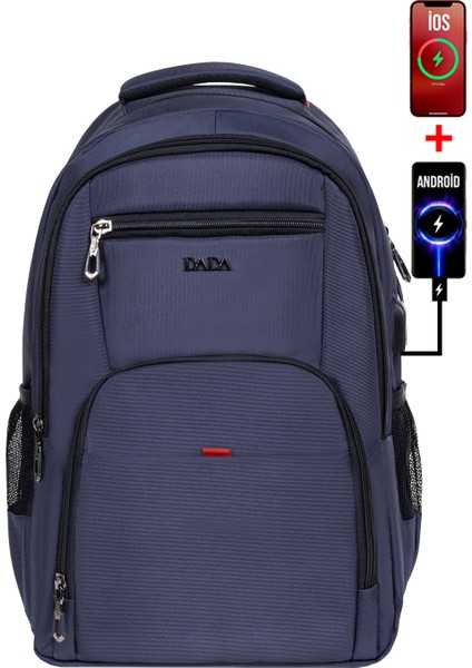 Unisex Lacivert Okul Sırt Çantası Orta Boy USB Type-C Laptop Bölmeli Su Geçirmez Kumaş Lise Üniversite