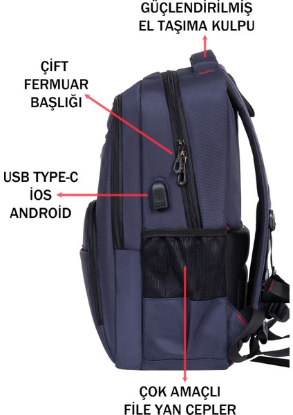 Unisex Lacivert Okul Sırt Çantası Orta Boy USB Type-C Laptop Bölmeli Su Geçirmez Kumaş Lise Üniversite modelleri