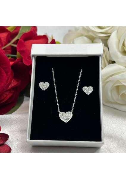 Kalp Kadın 2'li Seti 925 Ayar Gümüş Rodyumlu Zirkon Taşlı