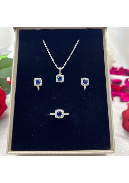 Safir Mavisi Pırlanta Kare Kadın 3'lü Takı Seti 925 Ayar Gümüş Zirkon Taşlı