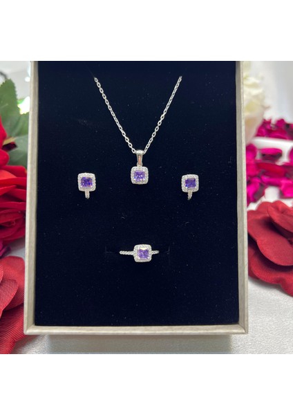Ametist Moru Kare Kadın 3'lü Takı Seti 925 Ayar Gümüş Zirkon Taşlı